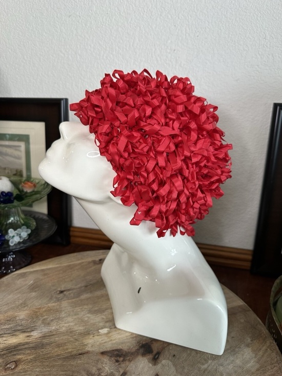 Joseph Magnin Red Ribbon Hat Ruffled Loop Mid Century Couture Cocktail Hat main image 11